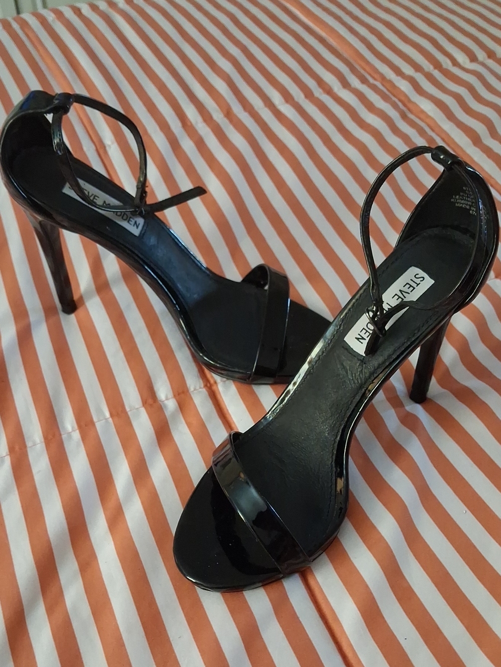 Steve Madden Black Patent High Heel Sandals with Ankle Strap.   '